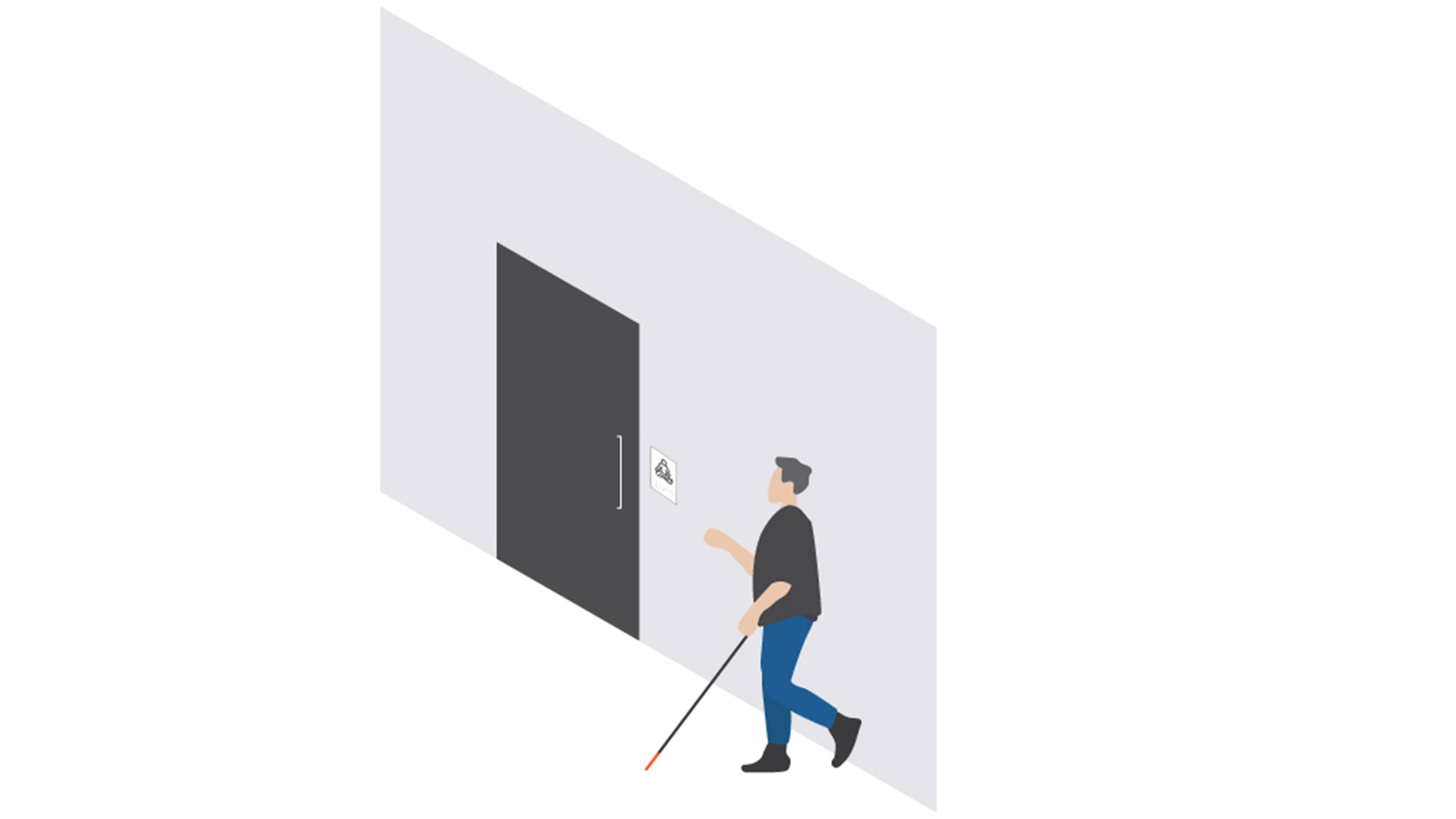 A graphic illustration of a person walking along a wall with a white cane, coming up to signage adjacent to a tonally contrasted door.