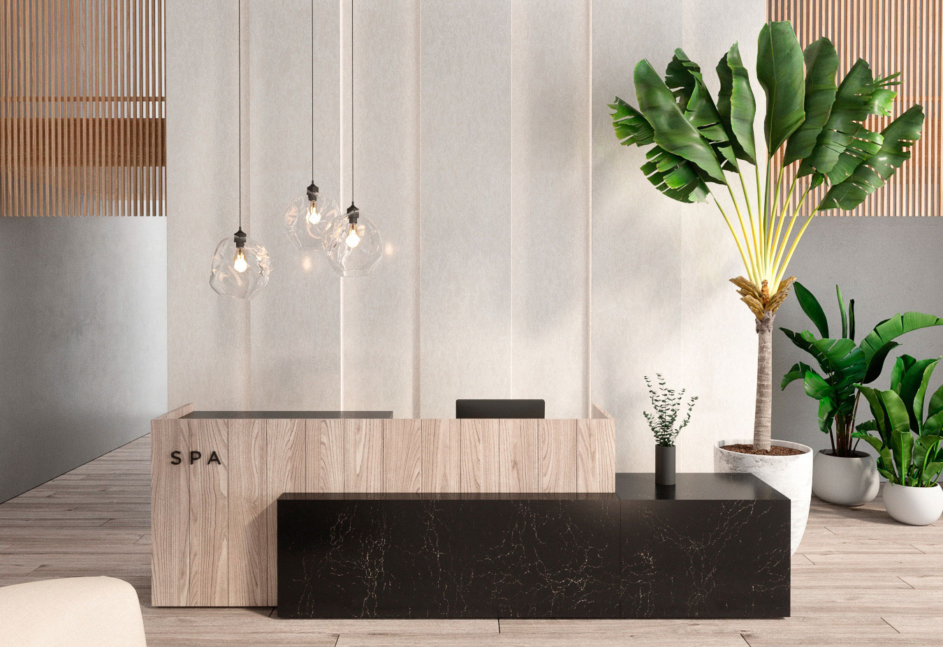 A table with potted plants.