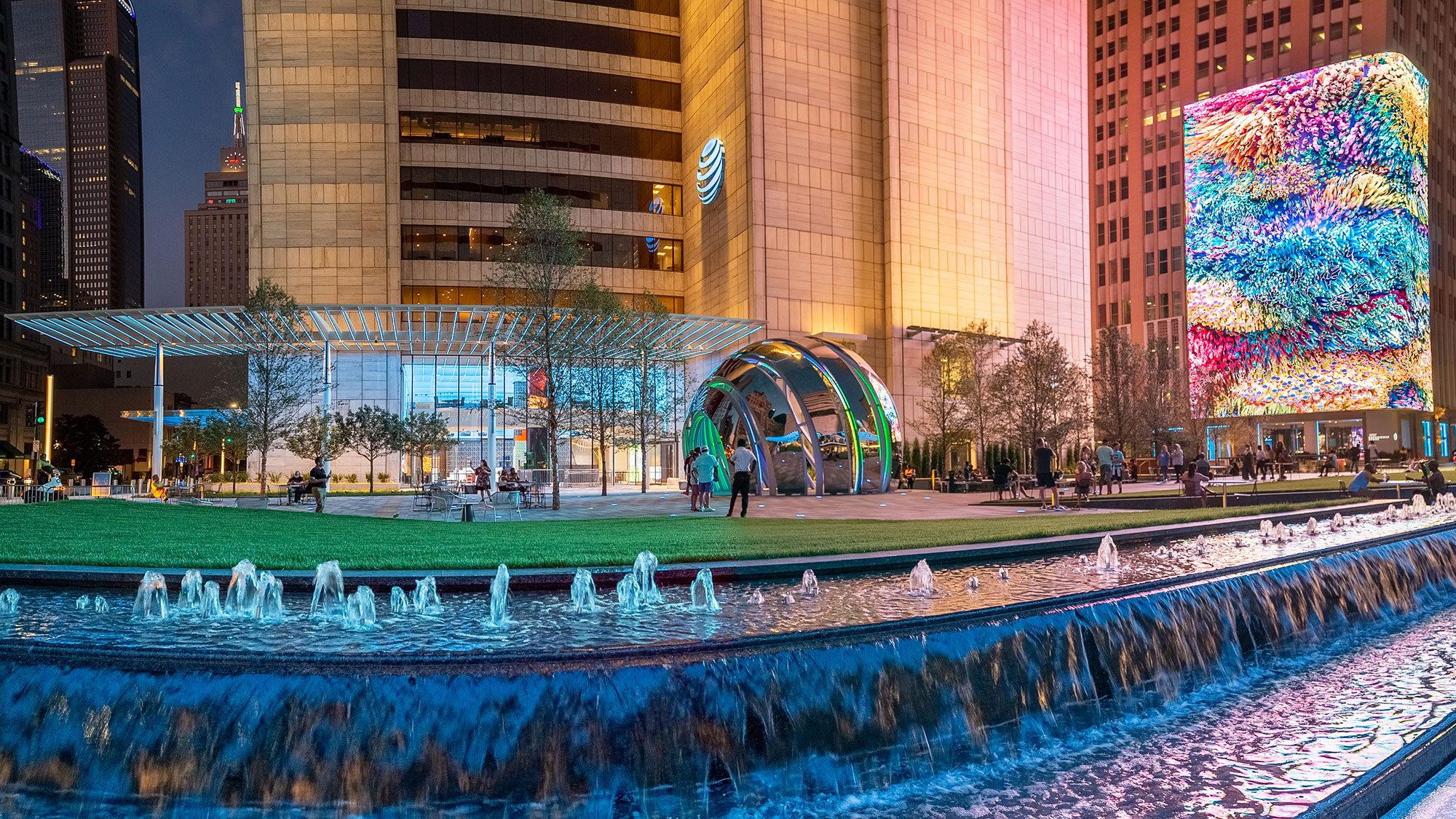 An exterior shot of AT&T's Discovery District and its immersive media experiences.