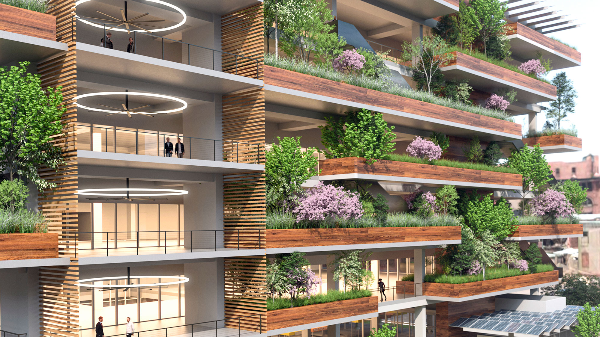 An image of the morphable office building containing a vertical garden