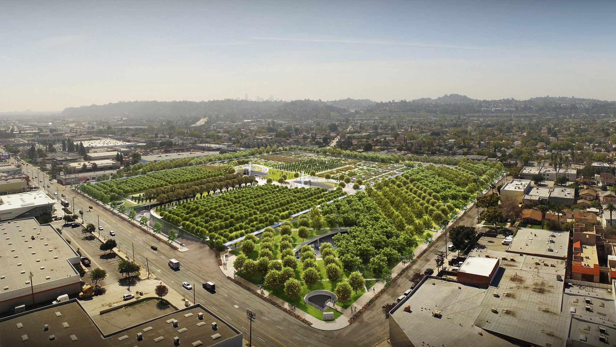 An aerial rendering of a new concept for big box retail stores, where the store has been placed below ground with urban farms and green roofs on top.