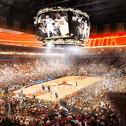 A large crowd of people watching a basketball game.