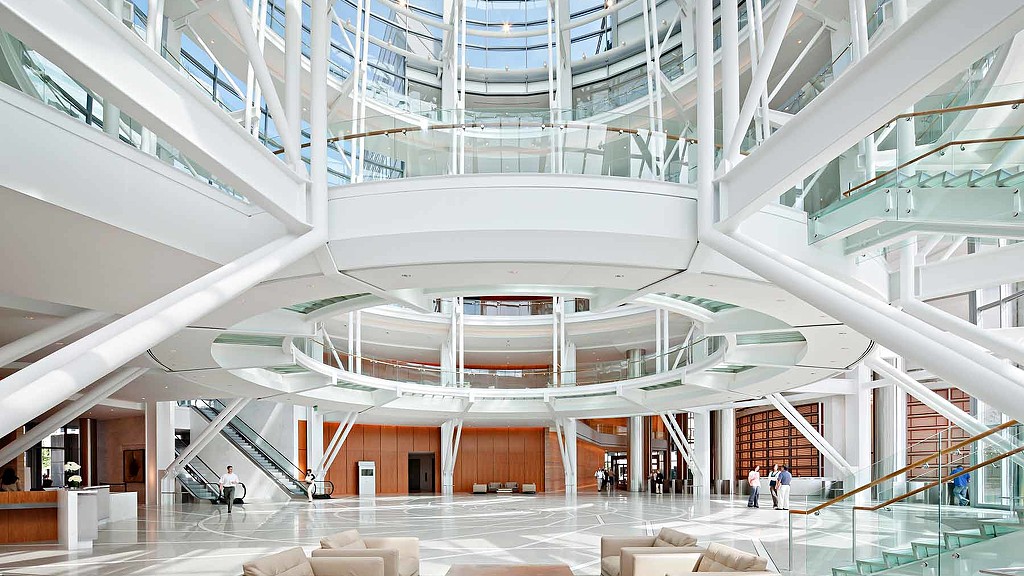 A building with a curved staircase.