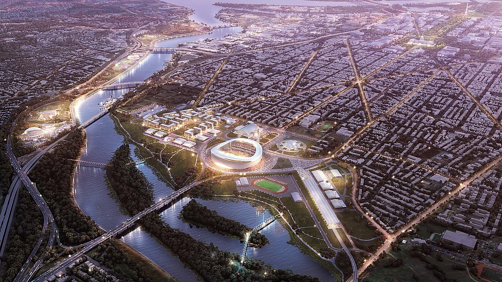 An aerial view of a city.