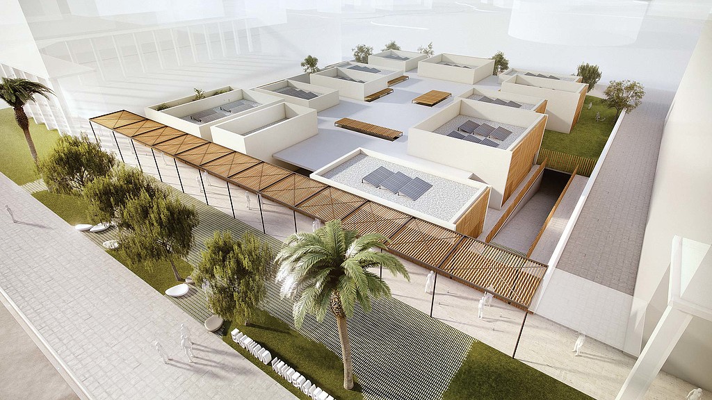 A building with a pool and trees.