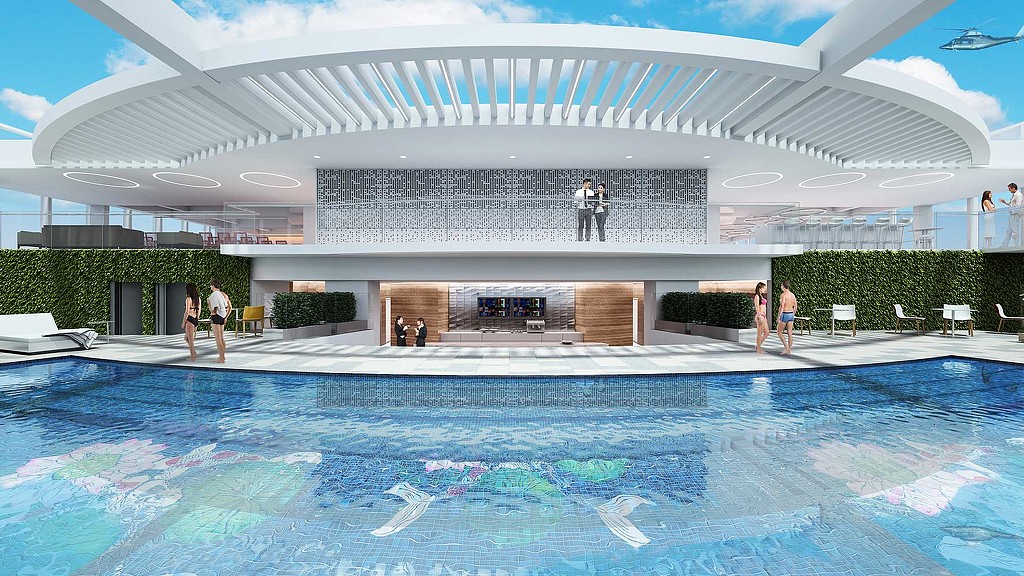 A swimming pool with people in it.
