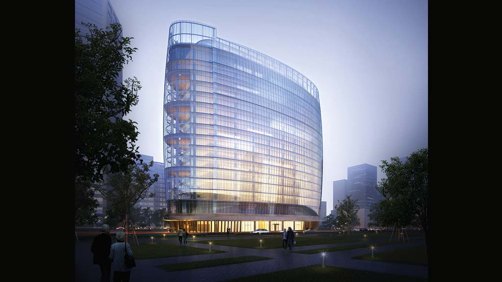 A building with a glass front.