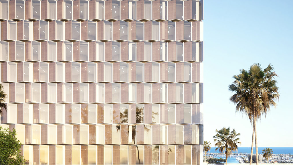 A tall building with many windows.
