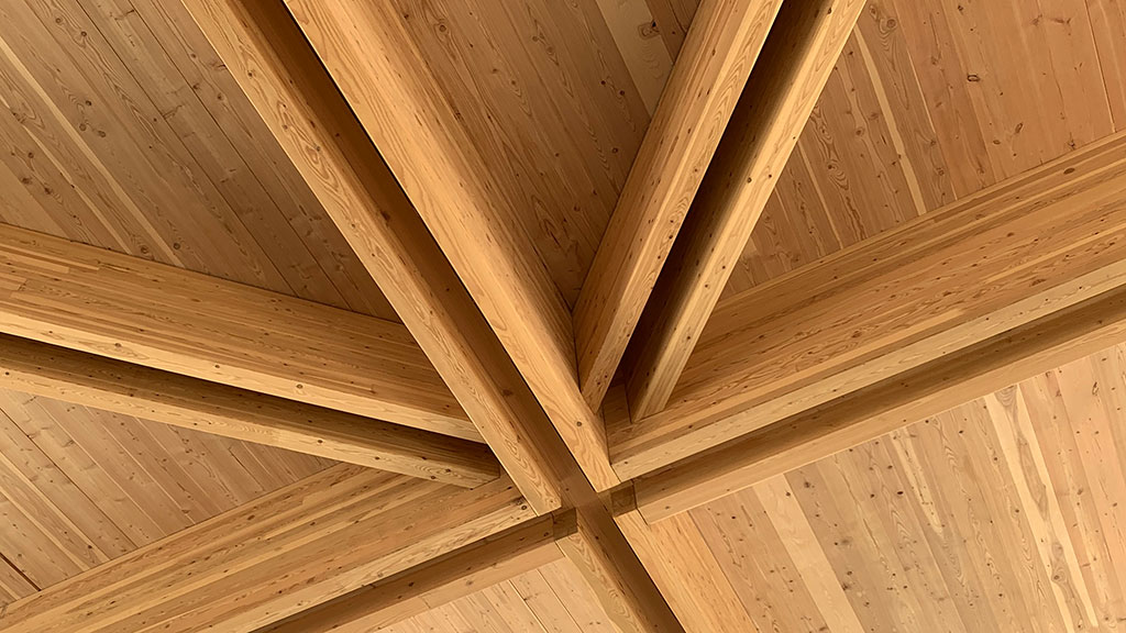 Mass timber building frame close-up.