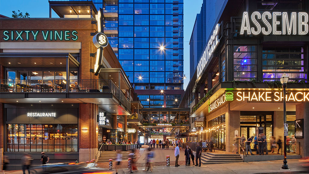 Assembly Food Hall nighttime street view