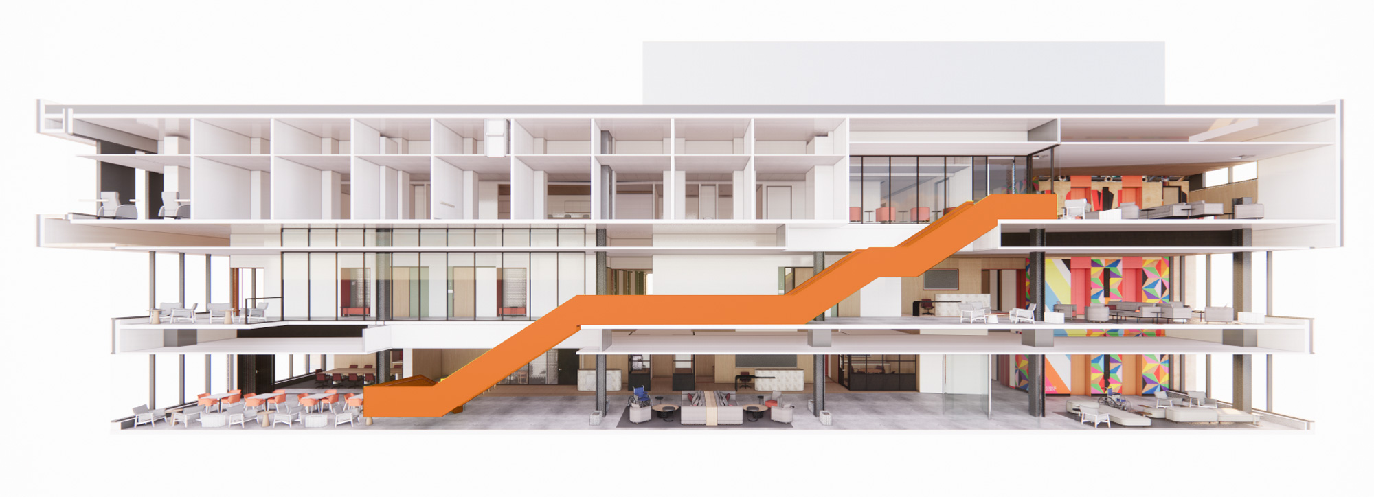 Mass General Brigham Integrated Care Facility rendering with unifying staircase.