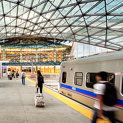 A train pulling into a station.