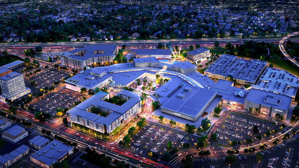 MainPlace Mall nighttime aerial rendering