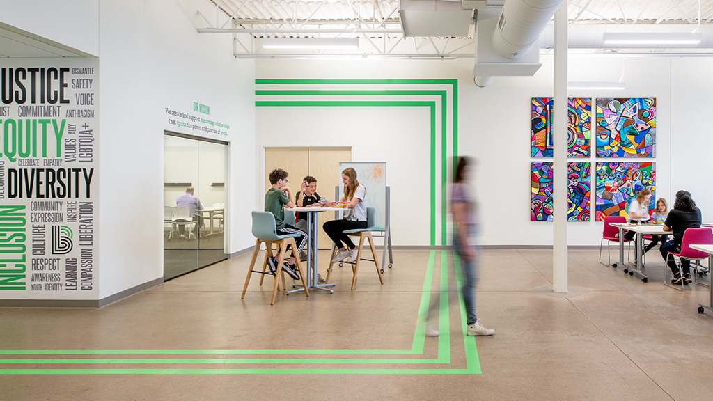 A meeting area and community hub at Big Brothers Big Sisters Minneapolis