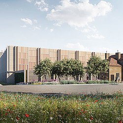 A large building with trees in front of it.