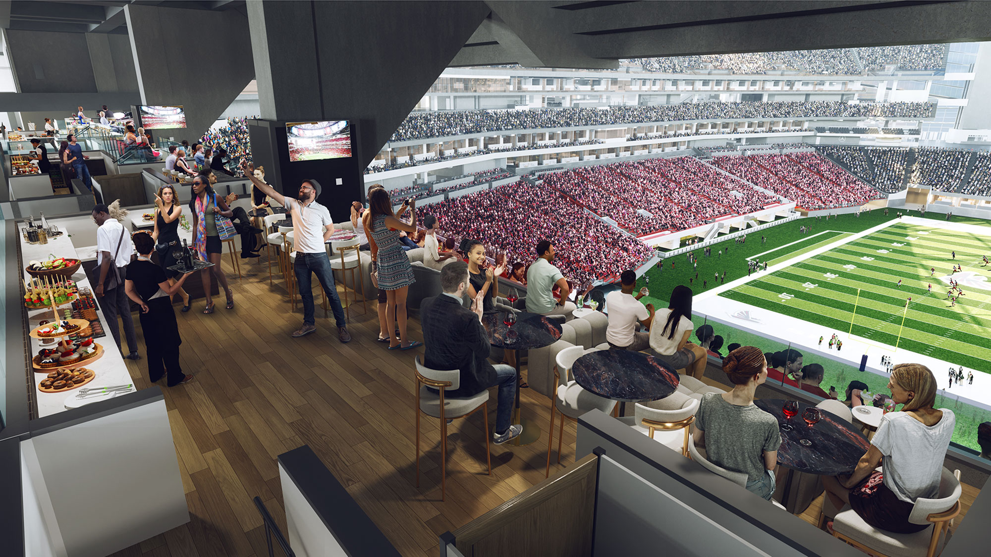A group of people in a stadium.