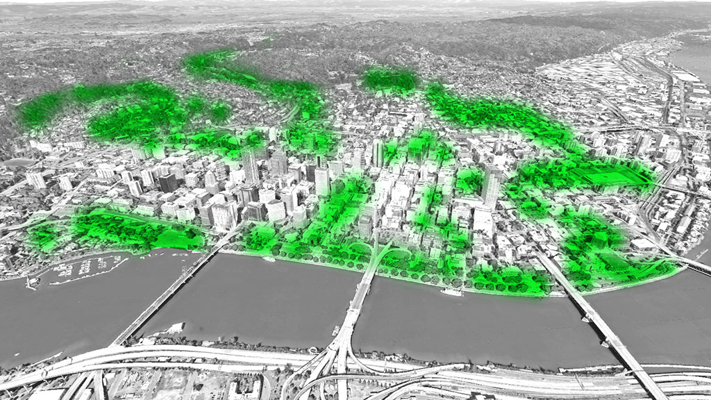 An aerial view of a city.