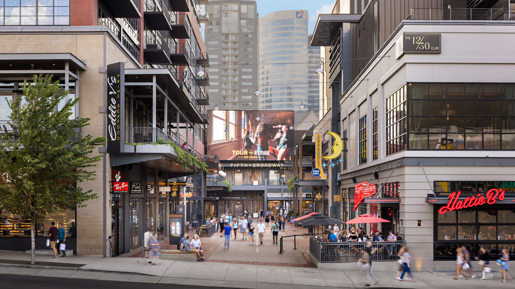 A city street with people walking.