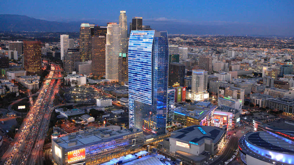 A city with tall buildings.