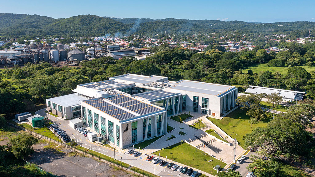 A high angle view of a building.